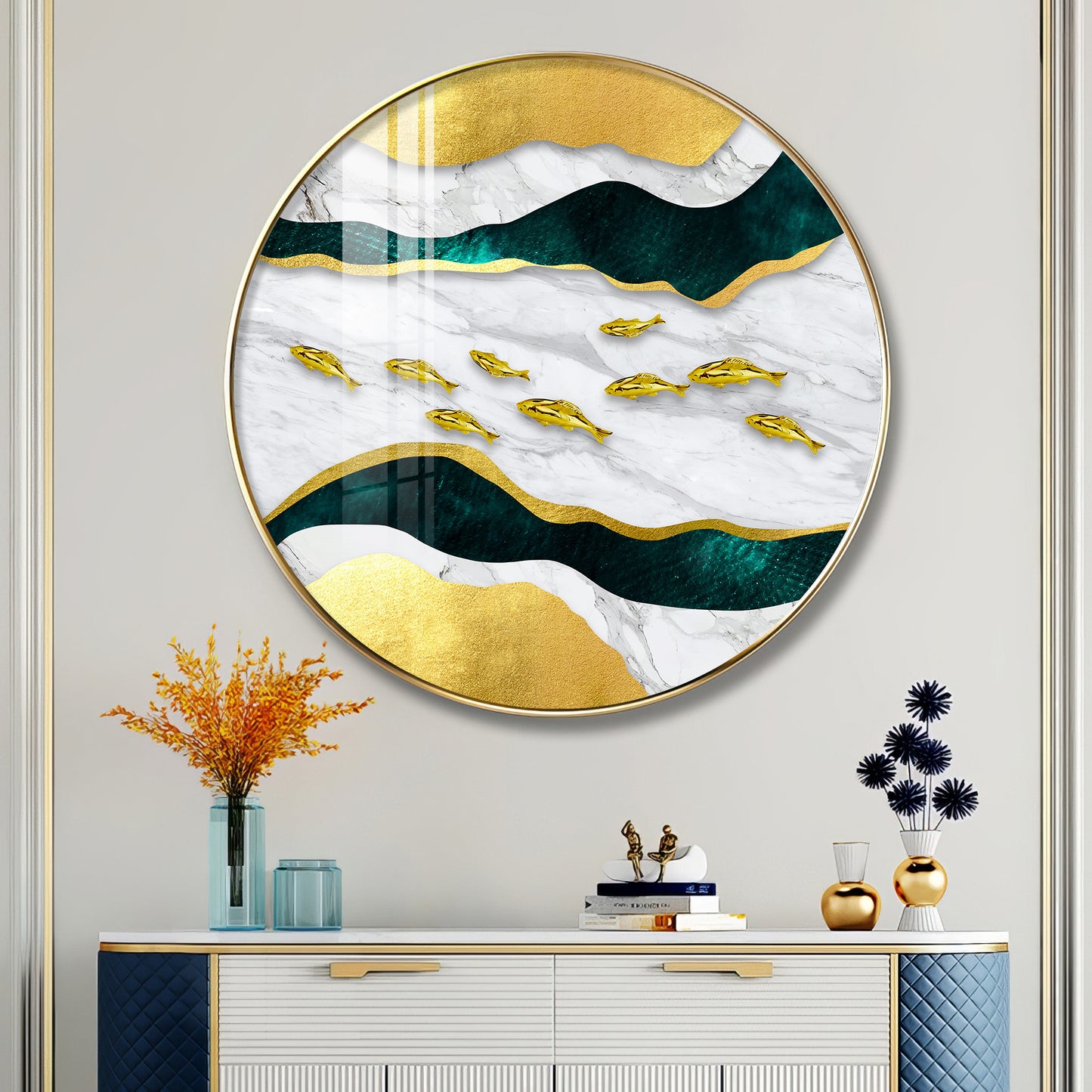 Noir & Gold Fish Premium Acrylic Round Wall Art