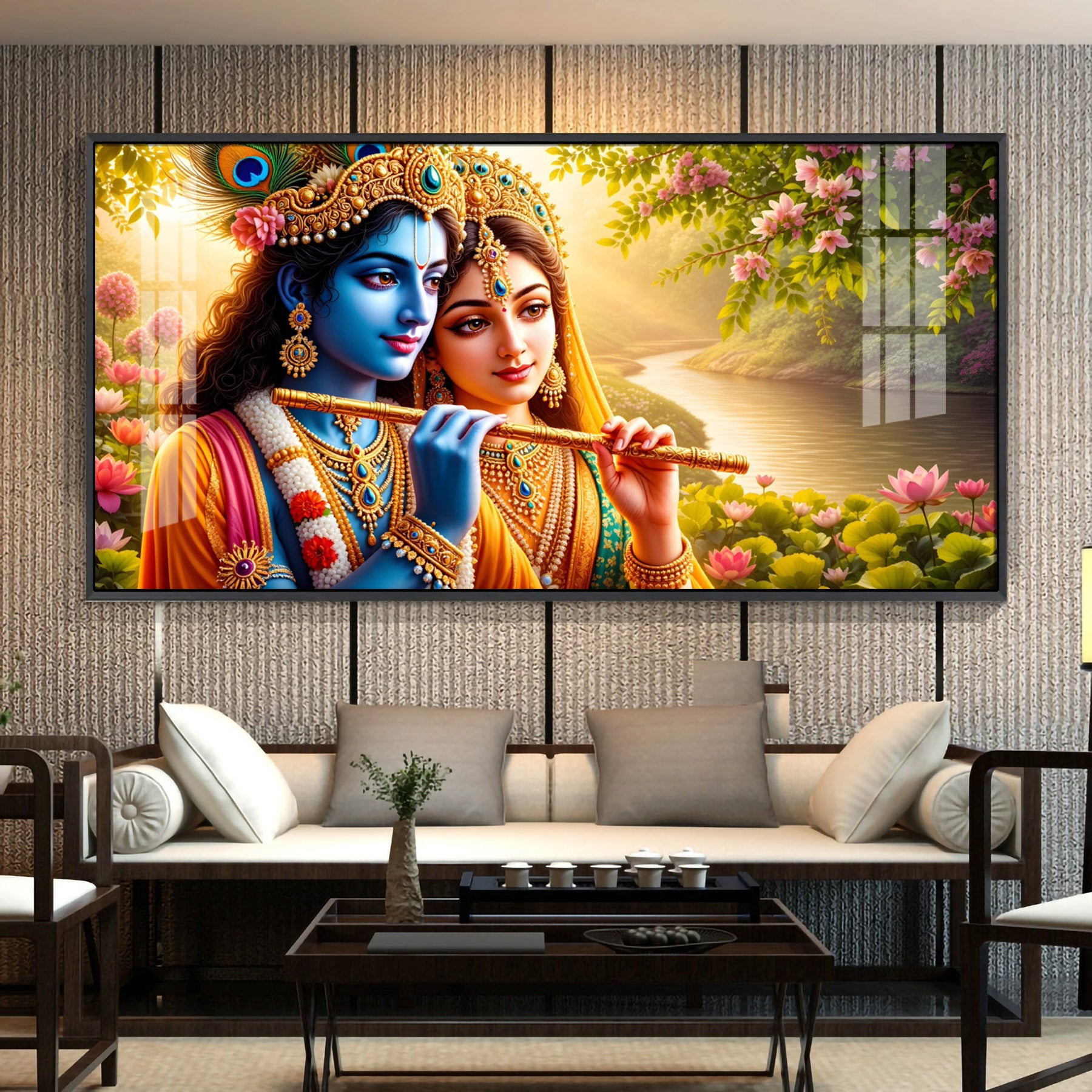 Radha Krishna Playing Flute Premium Acrylic Horizontal Wall Art