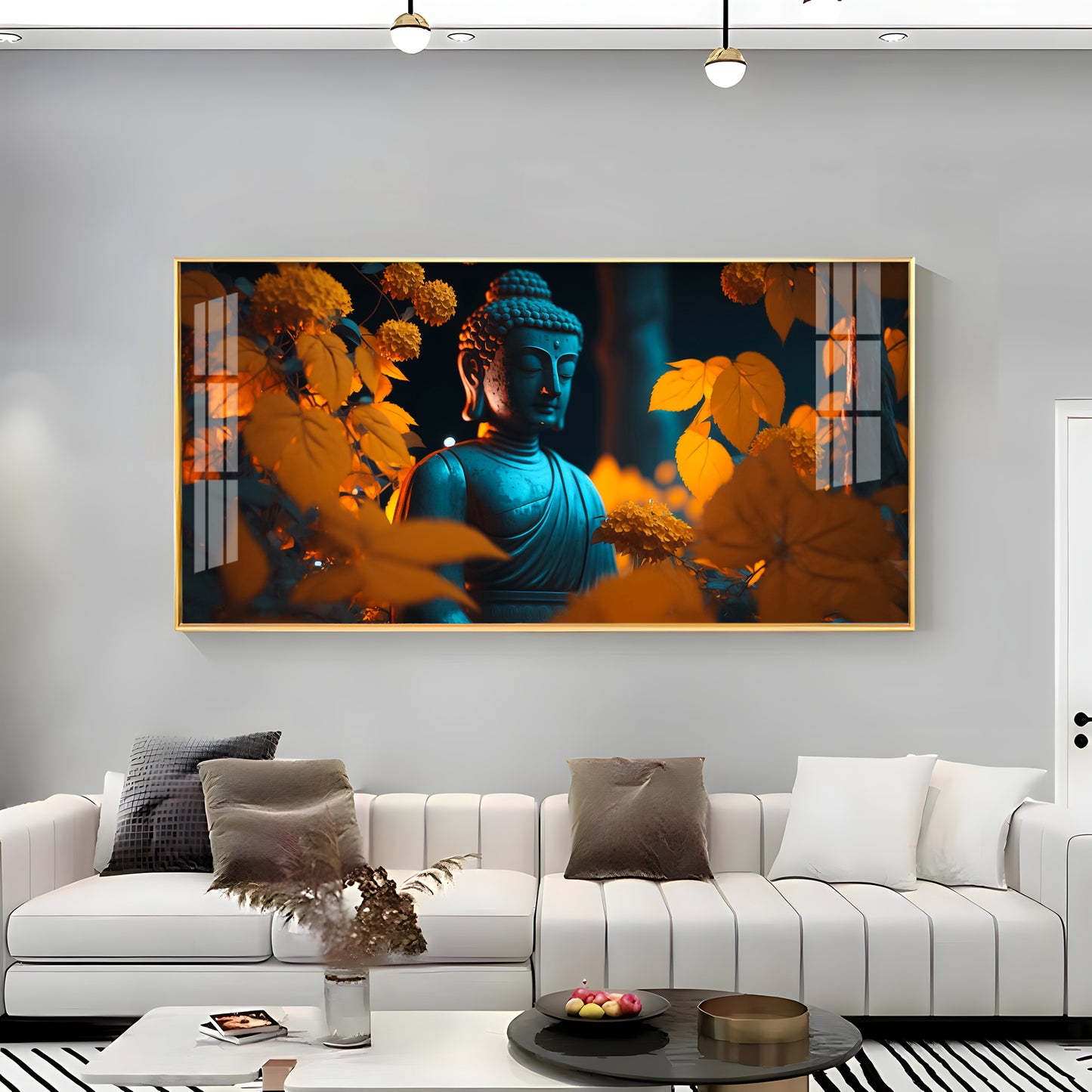 Buddha With Golden Autumn Fall Premium Acrylic Horizontal Wall Art