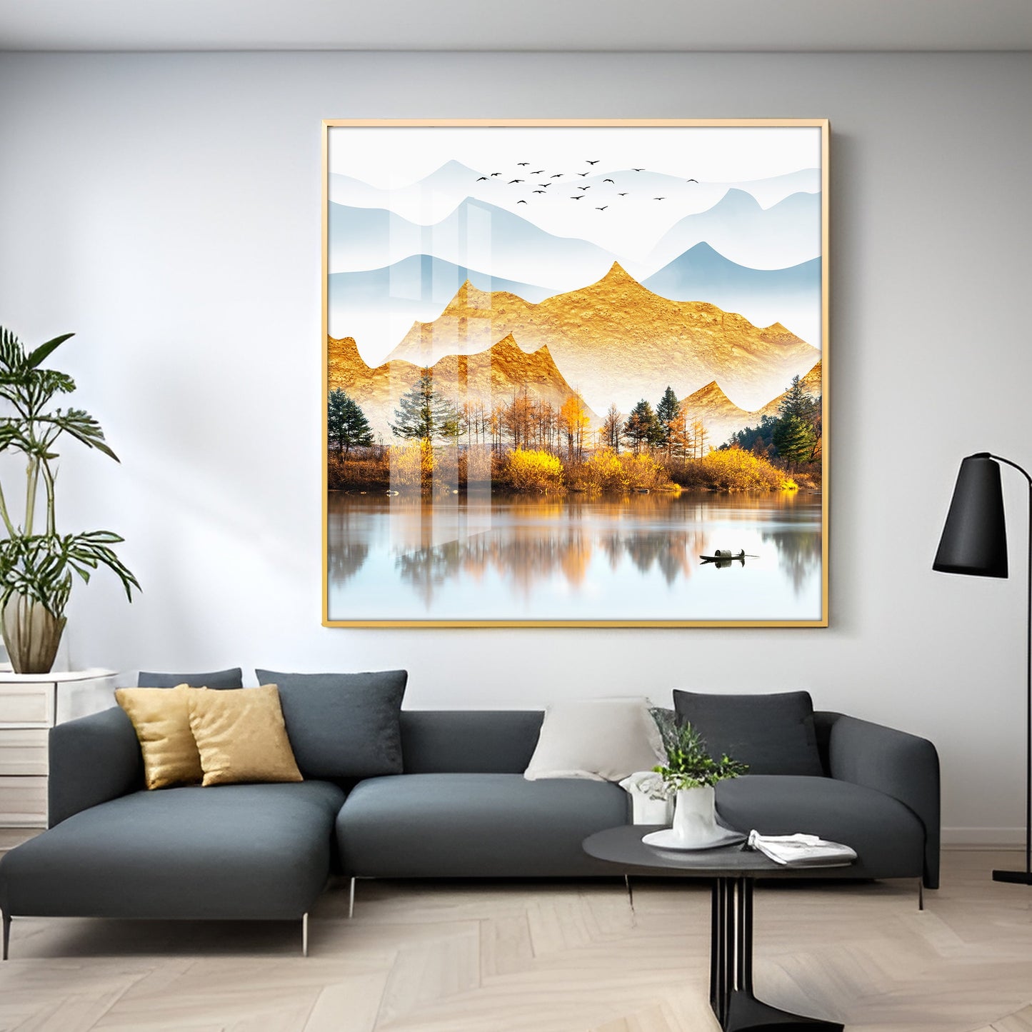 Sun Kissed Mountains Premium Acrylic Square Wall Art - 24X24 inches / Gold