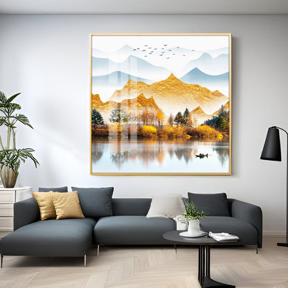 Sun Kissed Mountains Premium Acrylic Square Wall Art - 24X24 inches / Gold