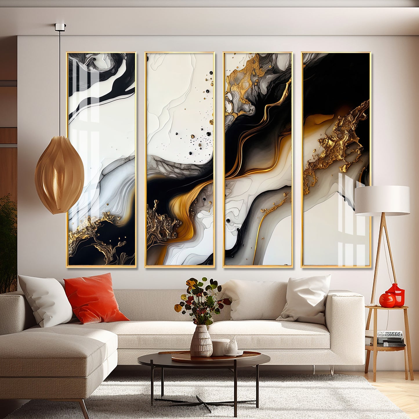 Black & Golden Splash Premium Acrylic Vertical Wall Art (set of 4)