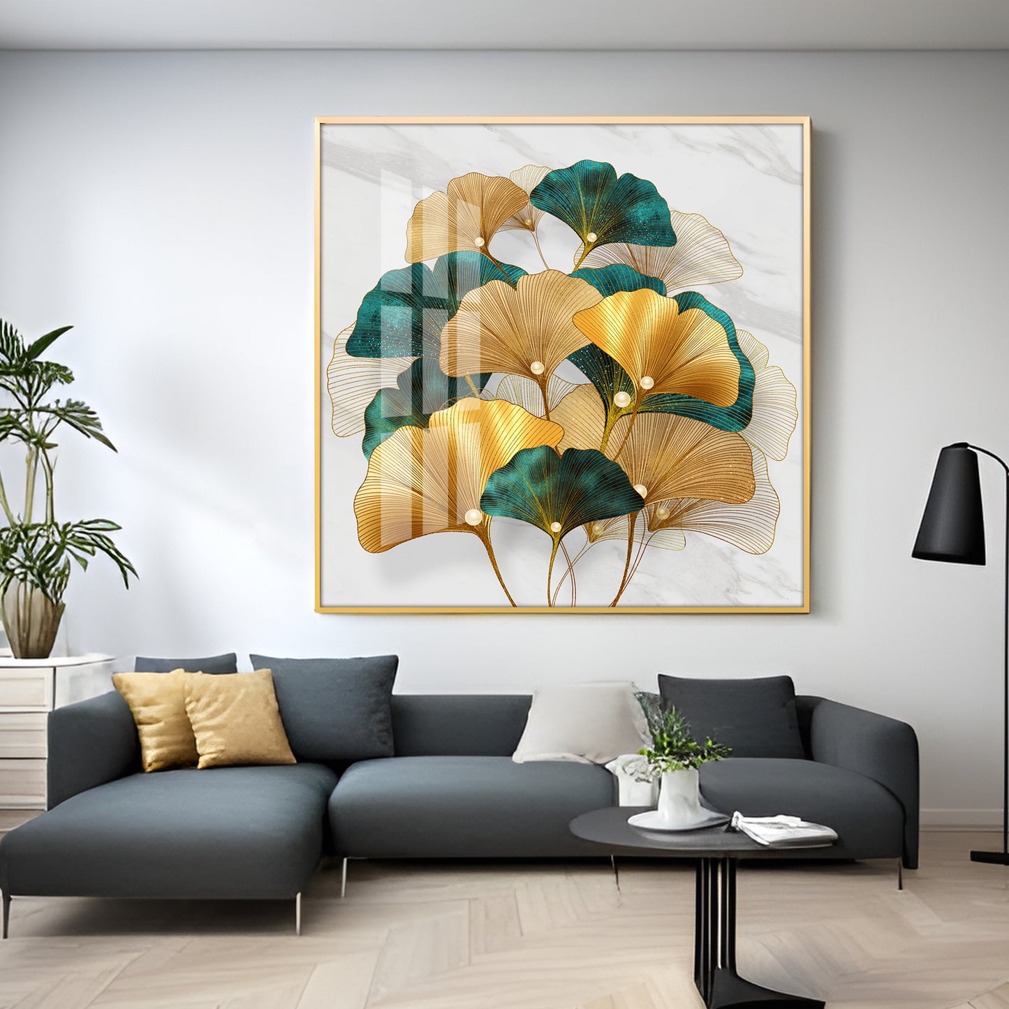 Golden Ginkgo Biloba Luxury Crystal Square Wall Art