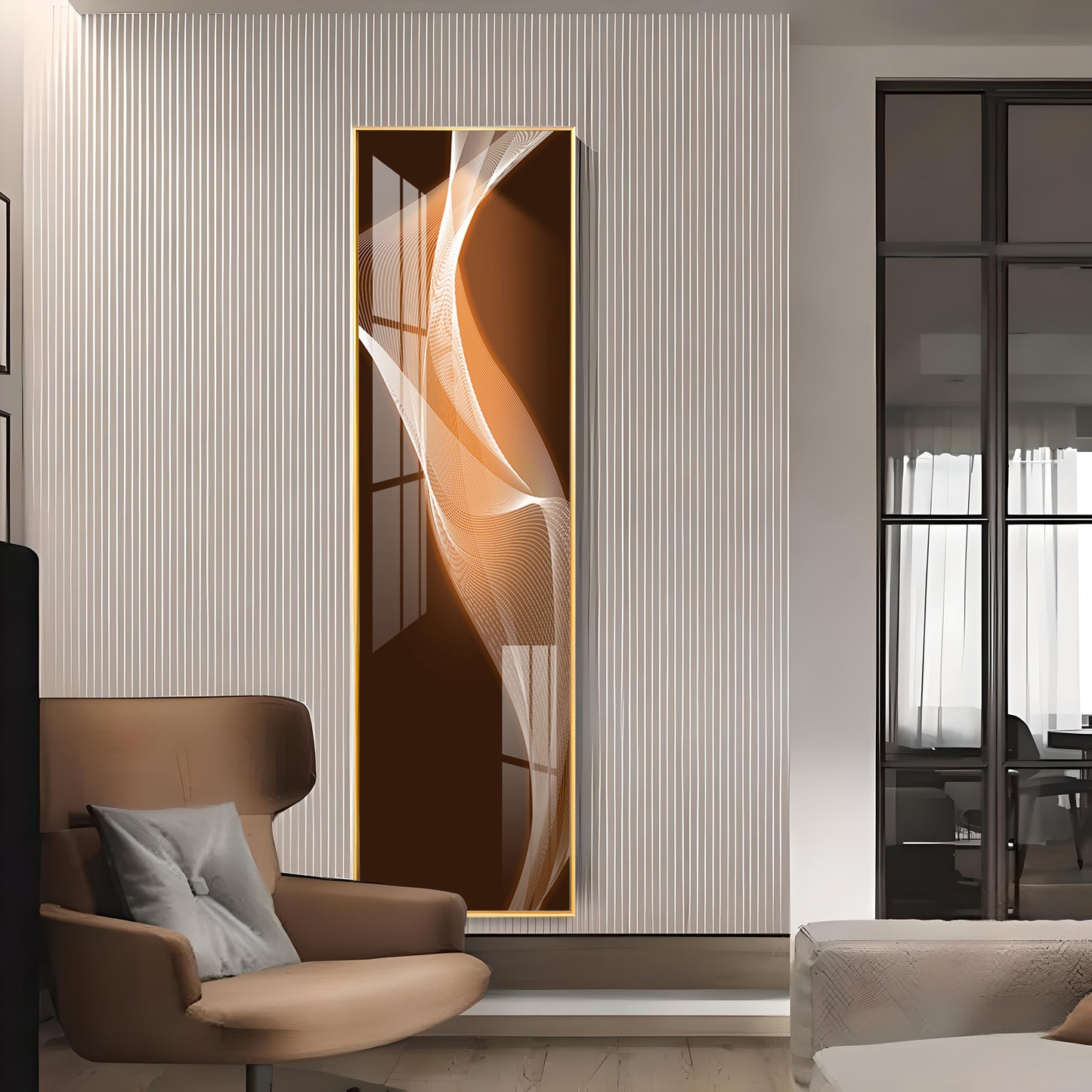 Golden White Wavy Lines Premium Acrylic Vertical Wall Art