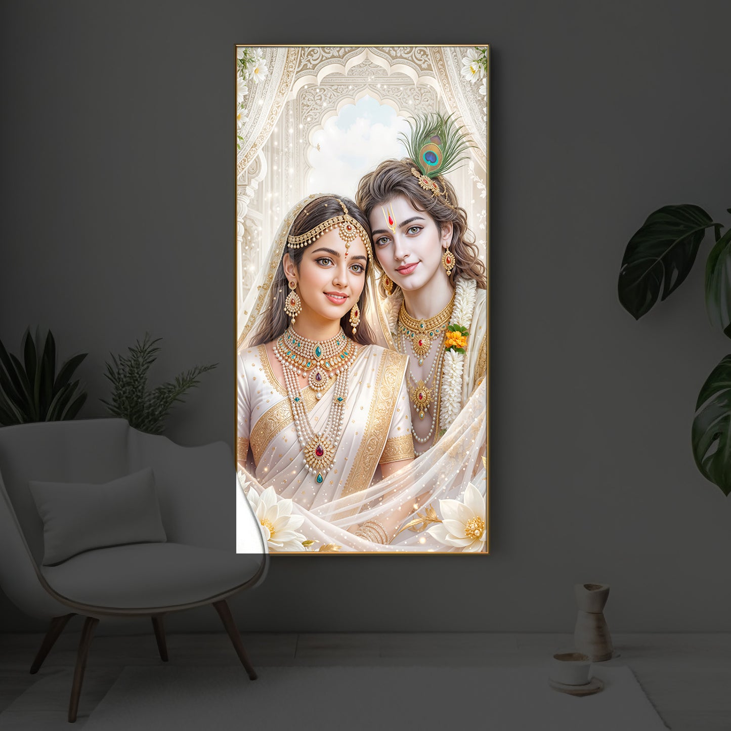 Mystical Love Of Radhe Krishn Modern Luxury Backlight Vertical Wall Art