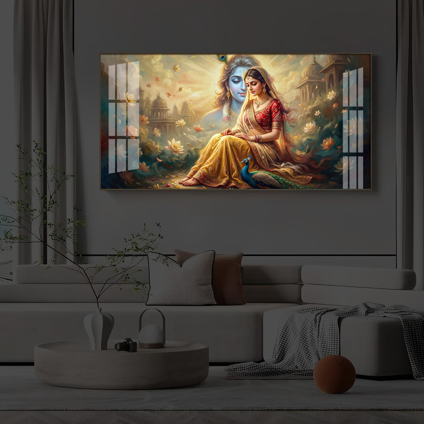 Loving Couple Radha Krishna Modern Luxury Backlight Horizontal Wall Art