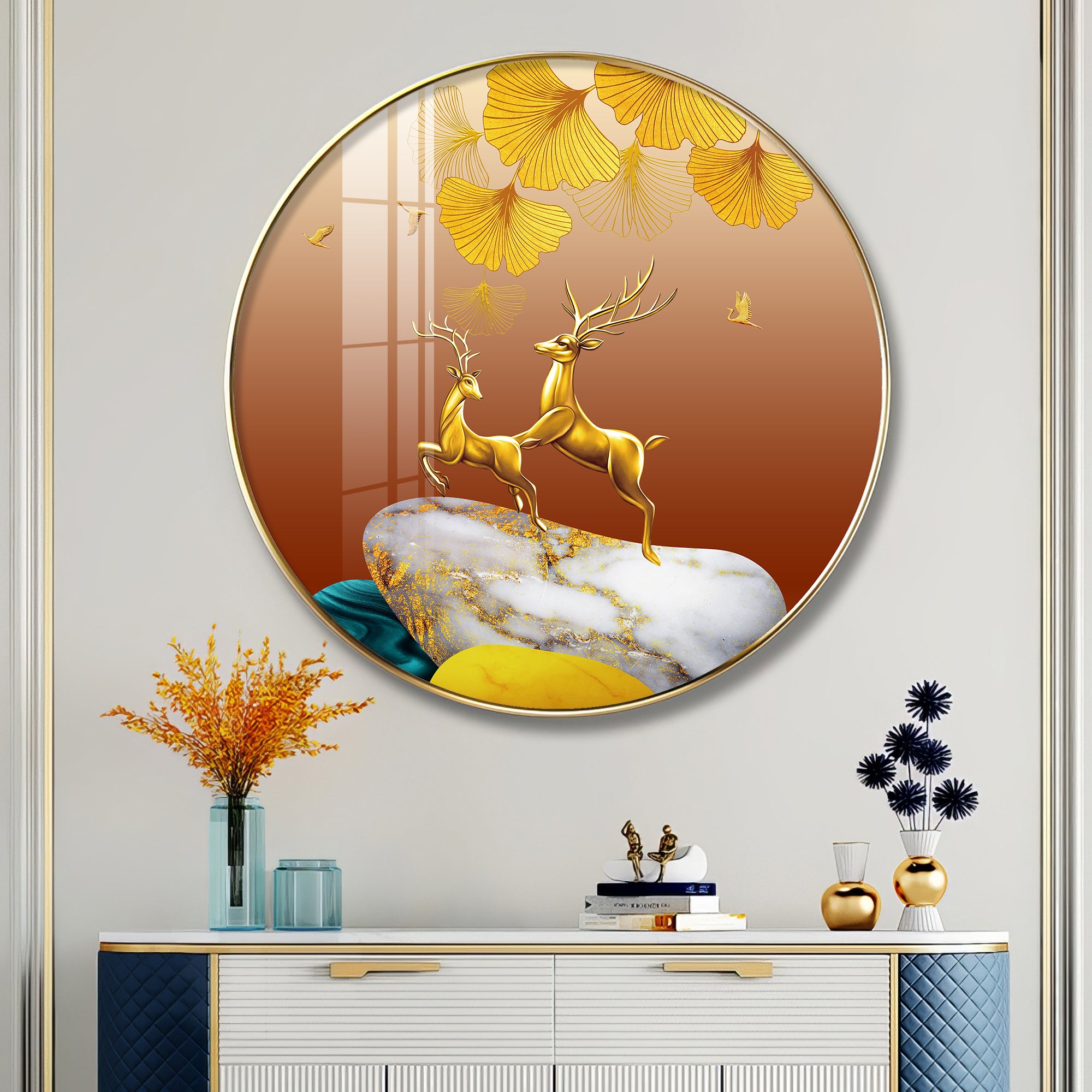 Golden Deer Duo Premium Acrylic Round Wall Art