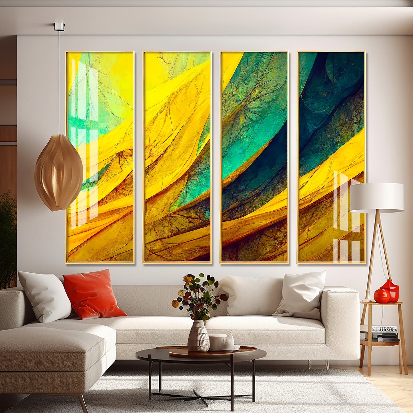 Shades of Green &Yellow Premium Acrylic Vertical Wall Art (set of 4)