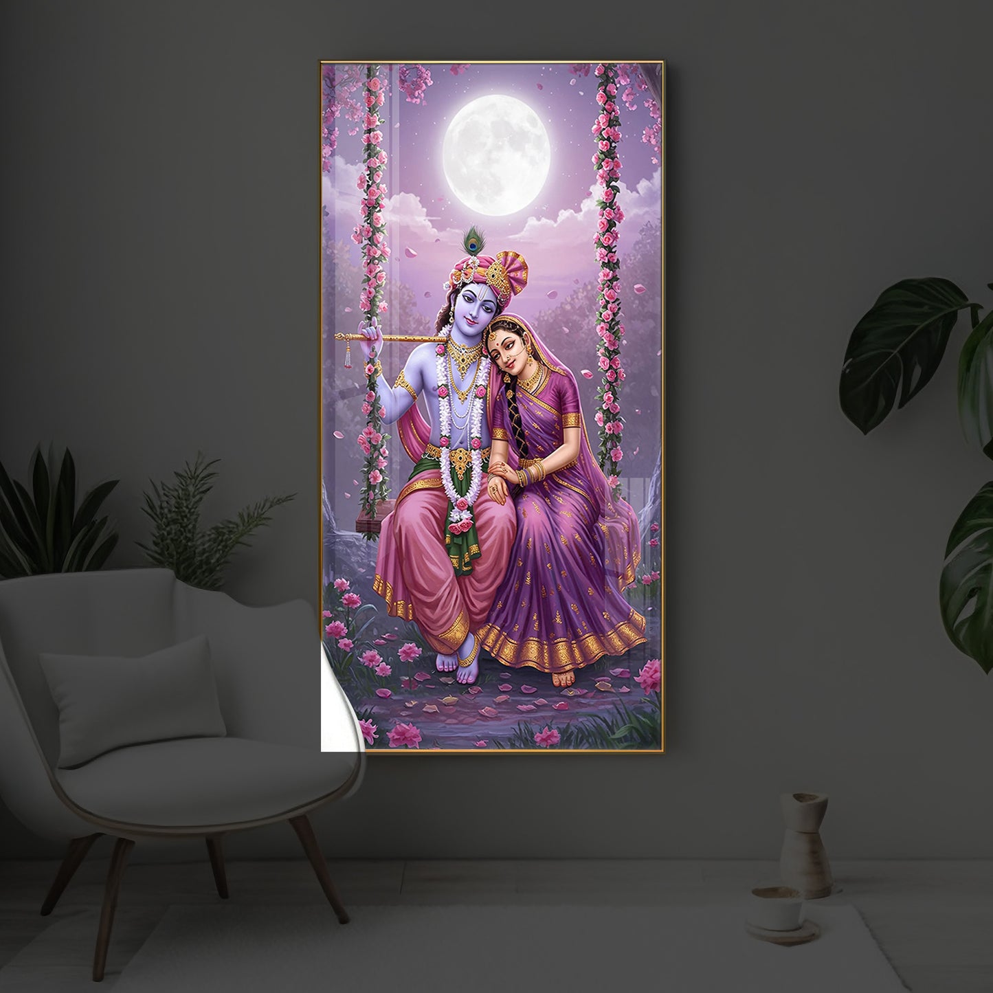 Loving Radha Krishna Modern Luxury Backlight Vertical Wall Art