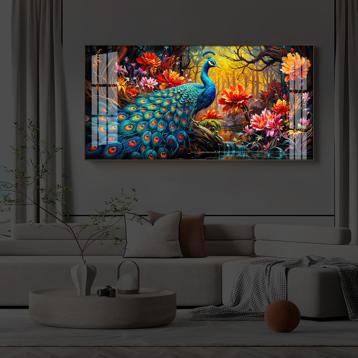 Beautiful Peacock Modern Luxury Backlight Horizontal Wall Art