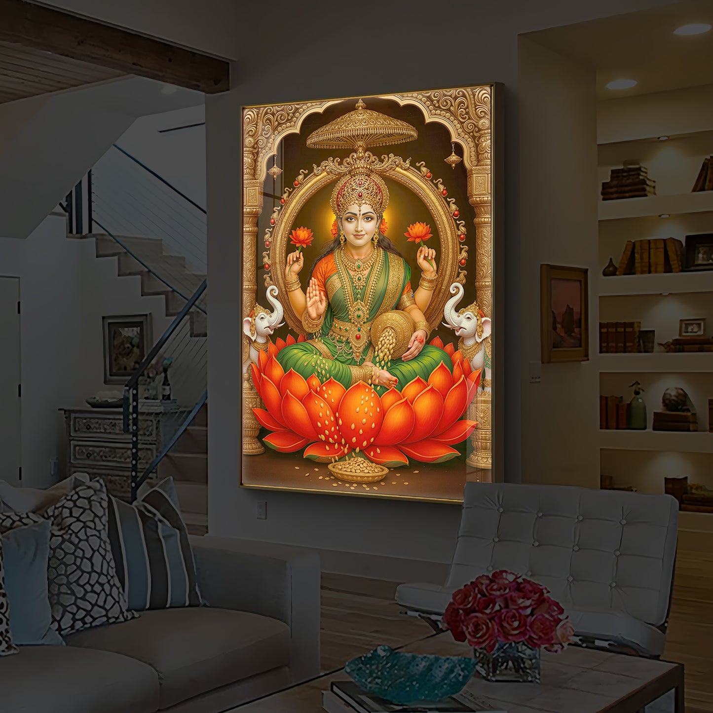 Mahalaxmi Ji Modern Luxury Backlight Vertical Wall Art