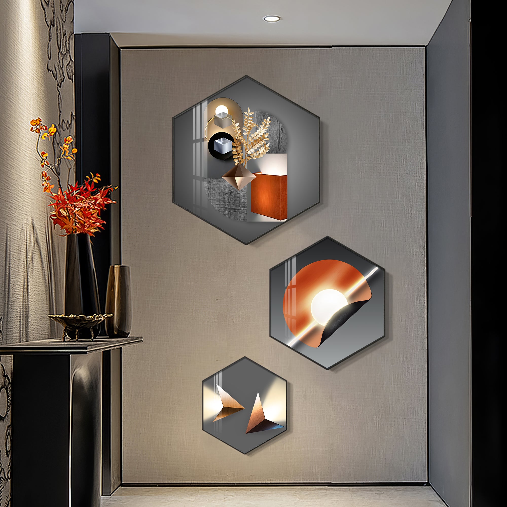 Luminious Abstract Premium Acrylic Hexagon Wall Art (Set of 3)