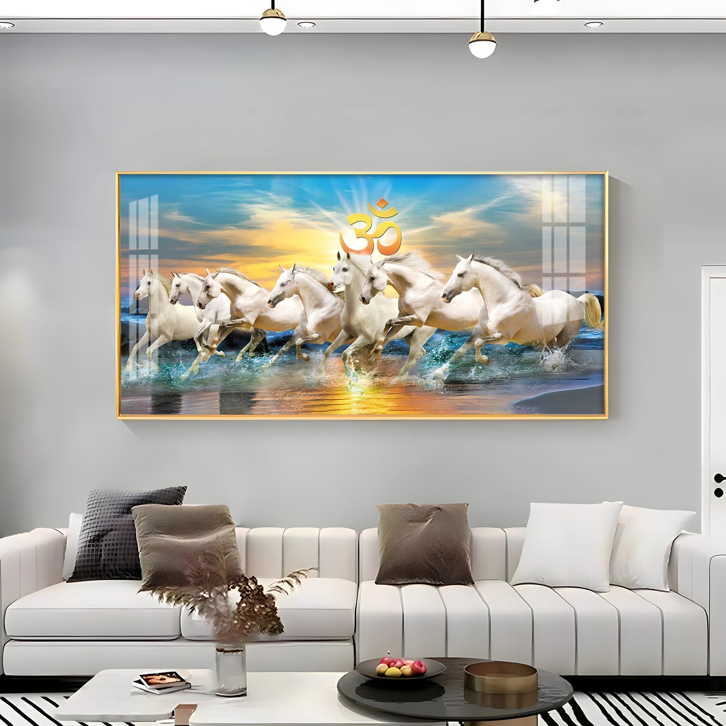 White Running Horses in Sea with Om Premium Acrylic Horizontal Wall Art