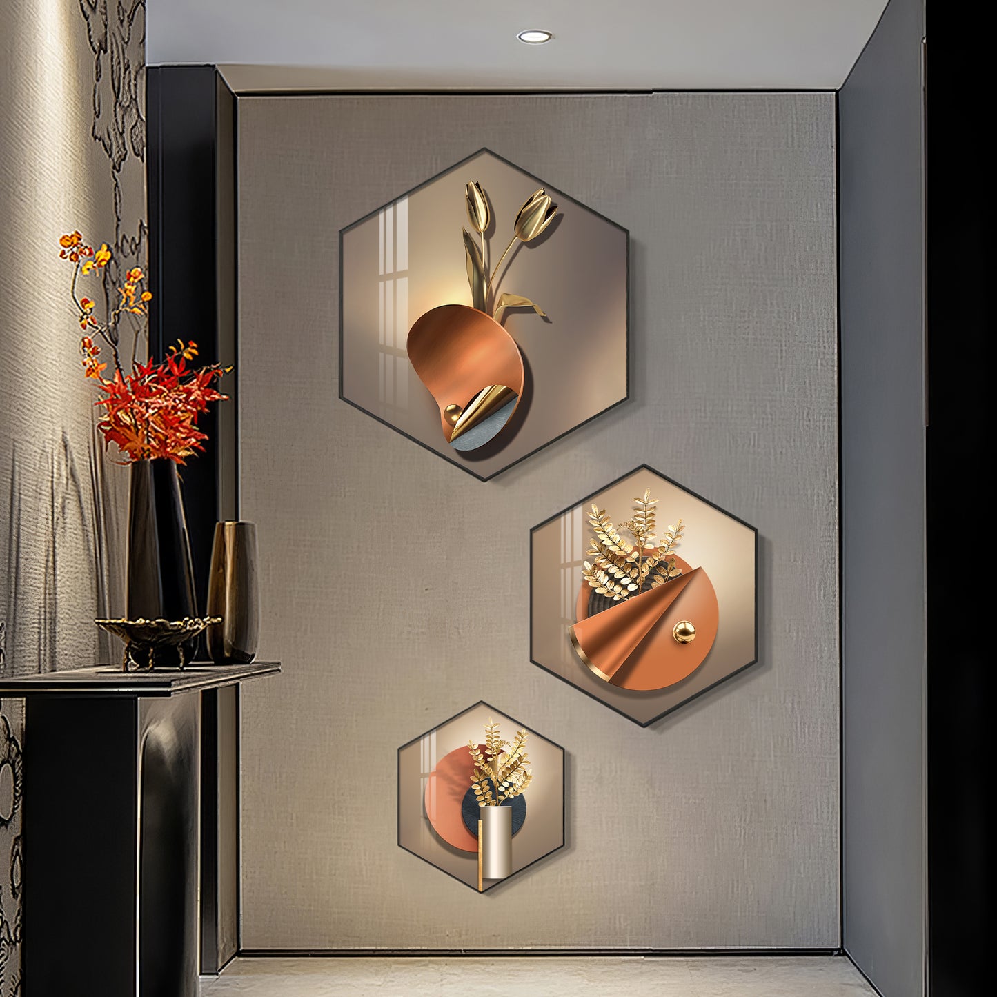 3D Petal Abstract Premium Acrylic Hexagon Wall Art (Set of 3)