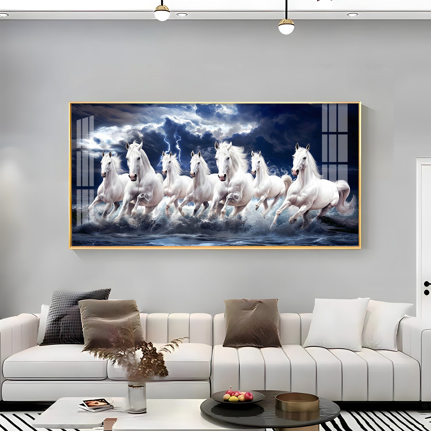 Seven White Horses Gallop In the Sea Premium Acrylic Horizontal Wall Art