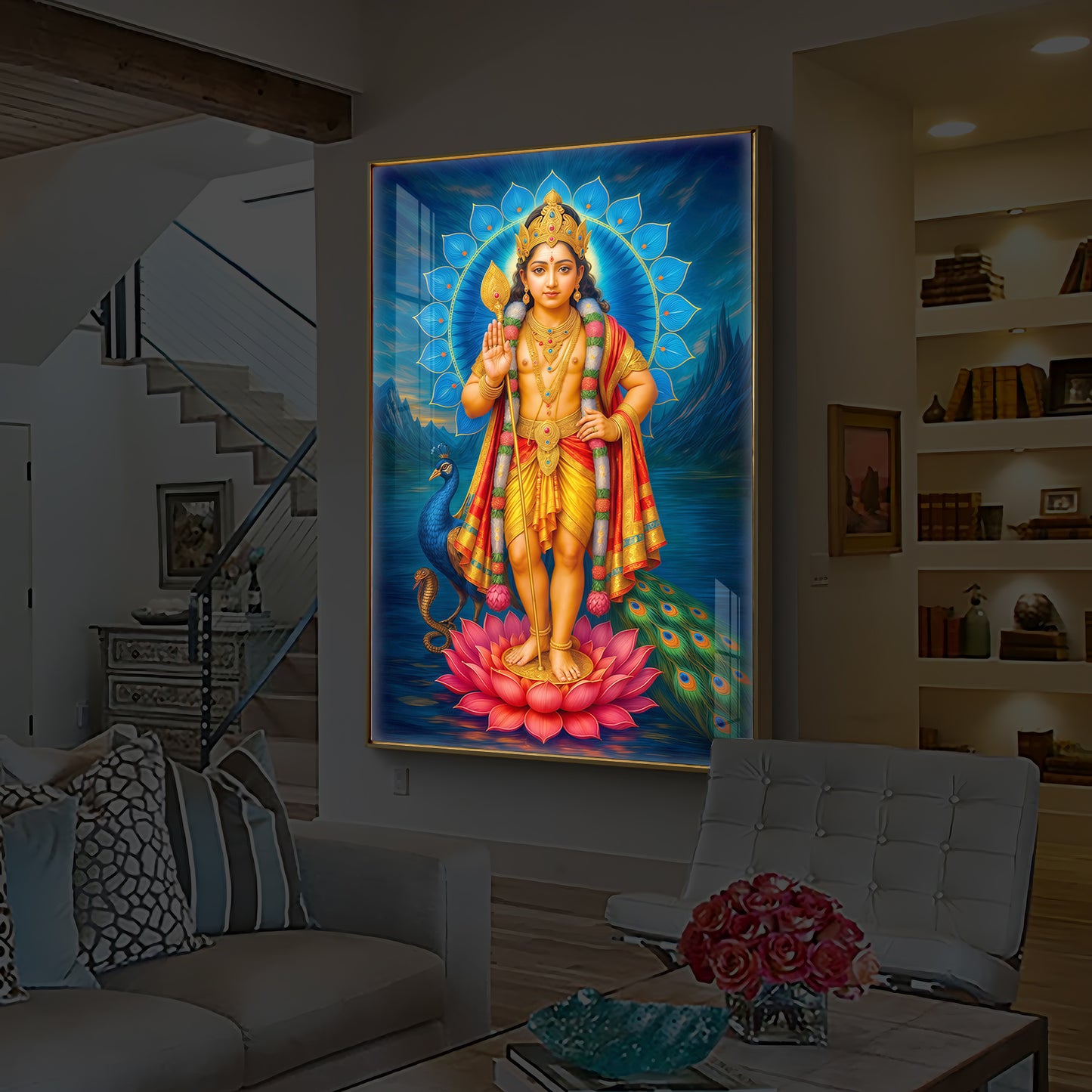Sri Murugan Ji Modern Luxury Backlight Vertical Wall Art
