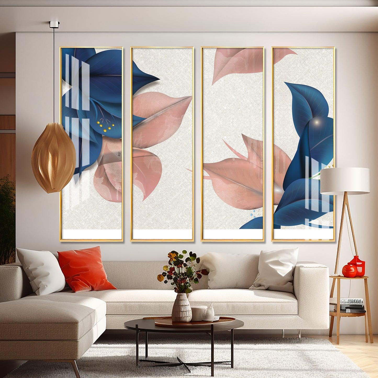 Blue & Peach Flowers Premium Acrylic Vertical Wall Art (set of 4)