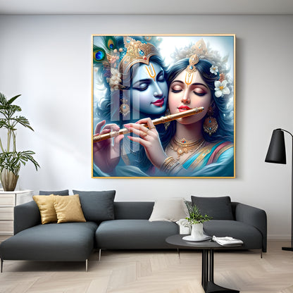 Radha Krishna With Flute Premium Acrylic Square Wall Art