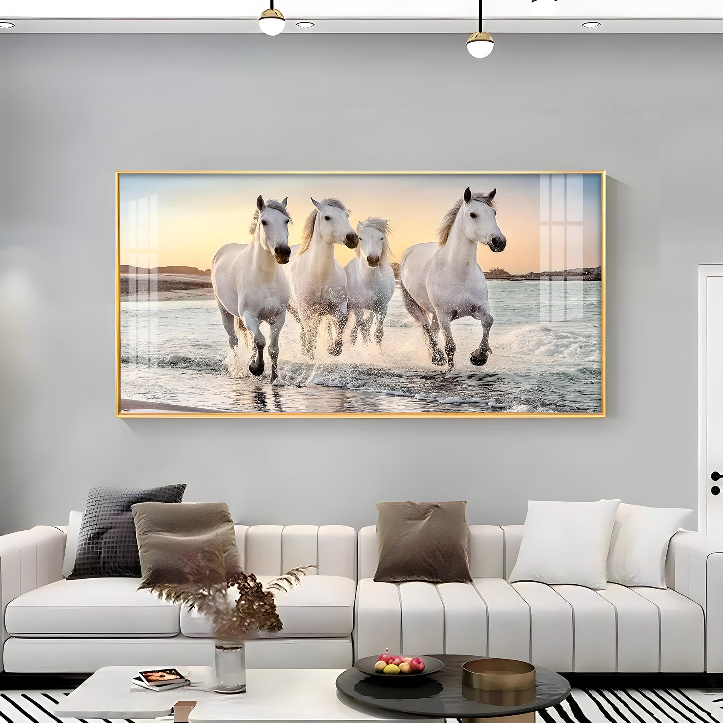 White Running Horses in The Sea Premium Acrylic Horizontal Wall Art