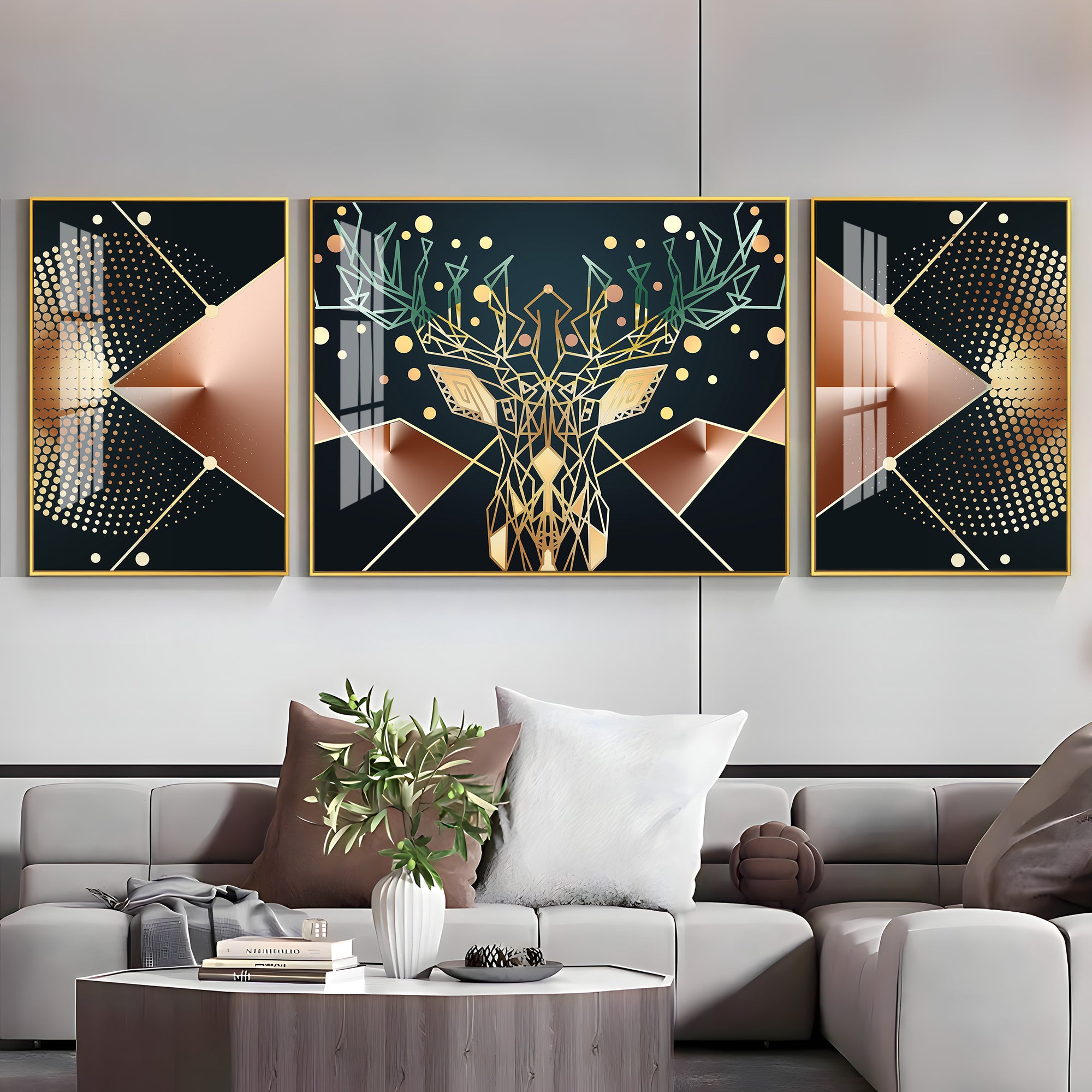 Golden Deer Mural Premium Acrylic Wall Art (Set of 3)