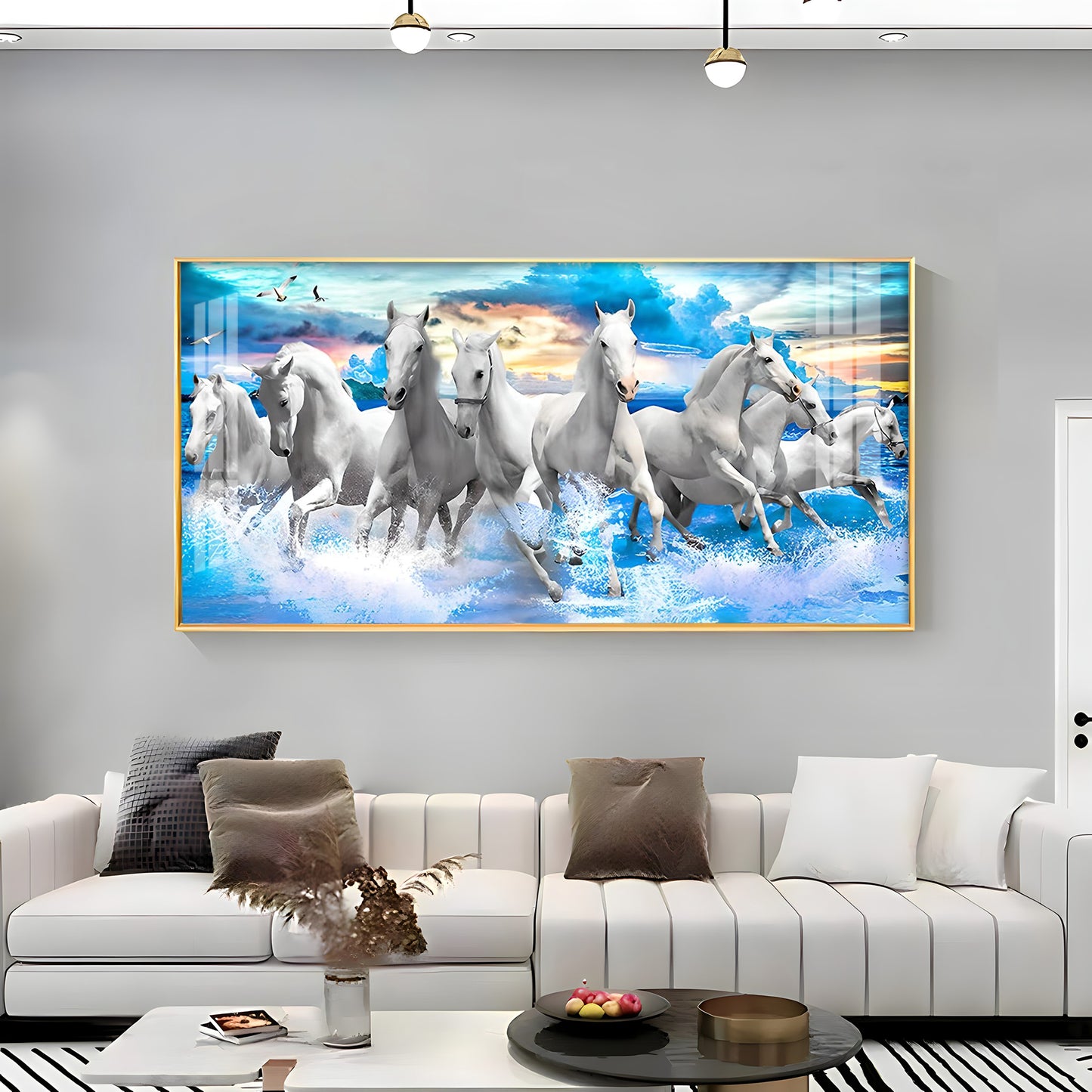 Vastu Running Horses With Sunrise Premium Acrylic Horizontal Wall Art