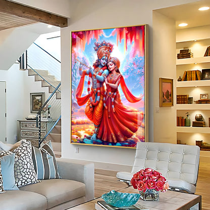 Beautiful Radha Krishna In Red Premium Acrylic Vertical Wall Art