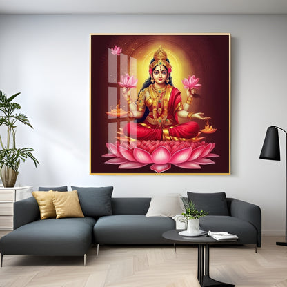 Laxmi Maa With Lotus Premium Acrylic Square Wall Art