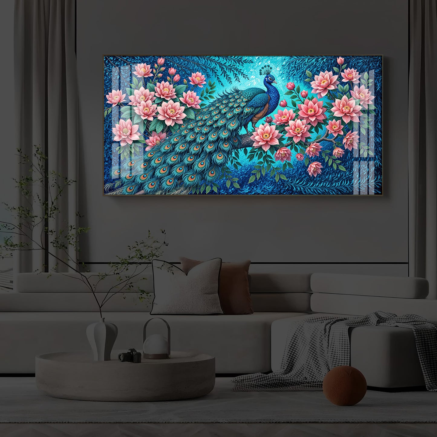 Majestic Peacock Modern Luxury Backlight Horizontal Wall Art