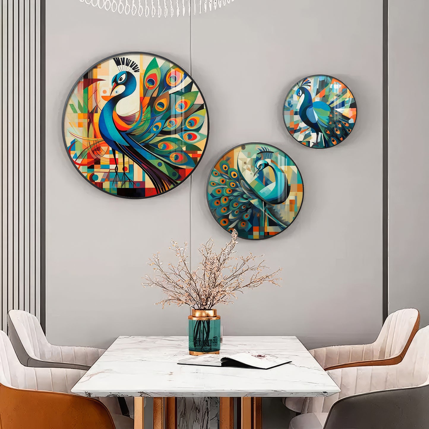 Colorful Peacock Abstract Premium Acrylic Round Wall Art (Set of 3)