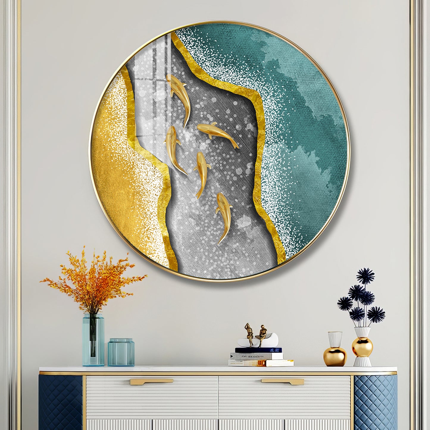 Koi Fish In Waves Premium Acrylic Round Wall Art