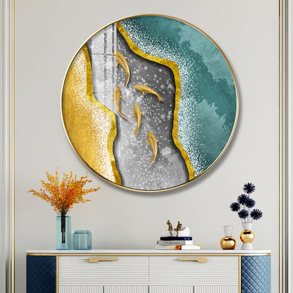 Koi Fish In Waves Premium Acrylic Round Wall Art