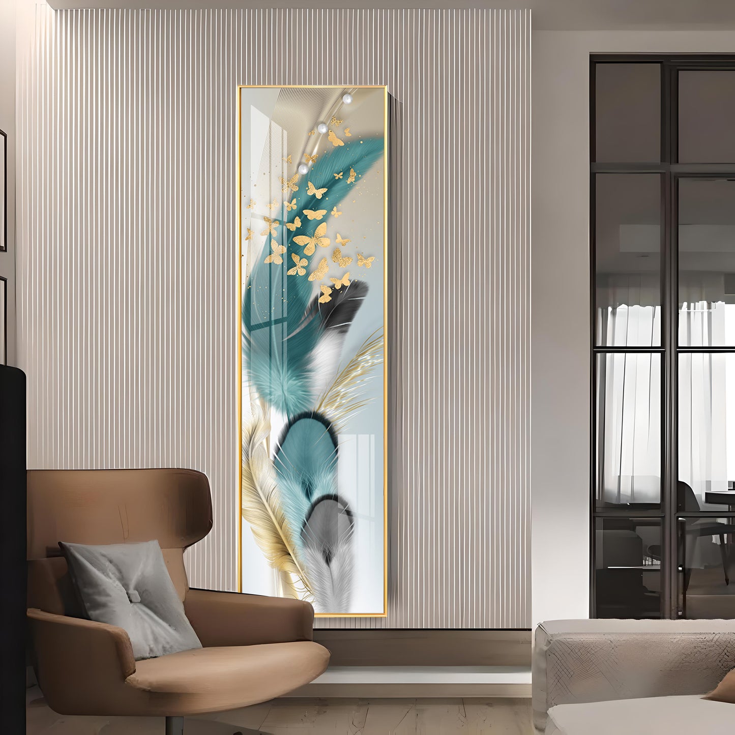 Colorful Feathers With Butterfly Premium Acrylic Vertical Wall Art