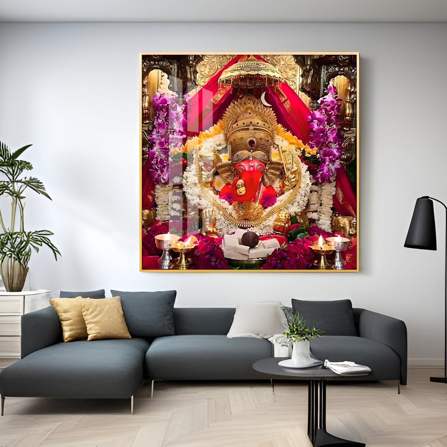 Shree Siddhivinayak Ganapati Premium Acrylic Square Wall Art - 30X30 inches / Gold