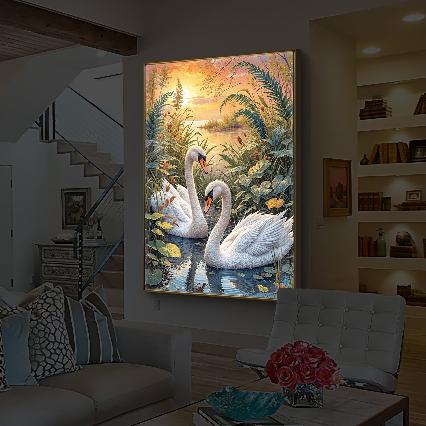 Two Swan Modern Luxury Backlight Vertical Wall Art