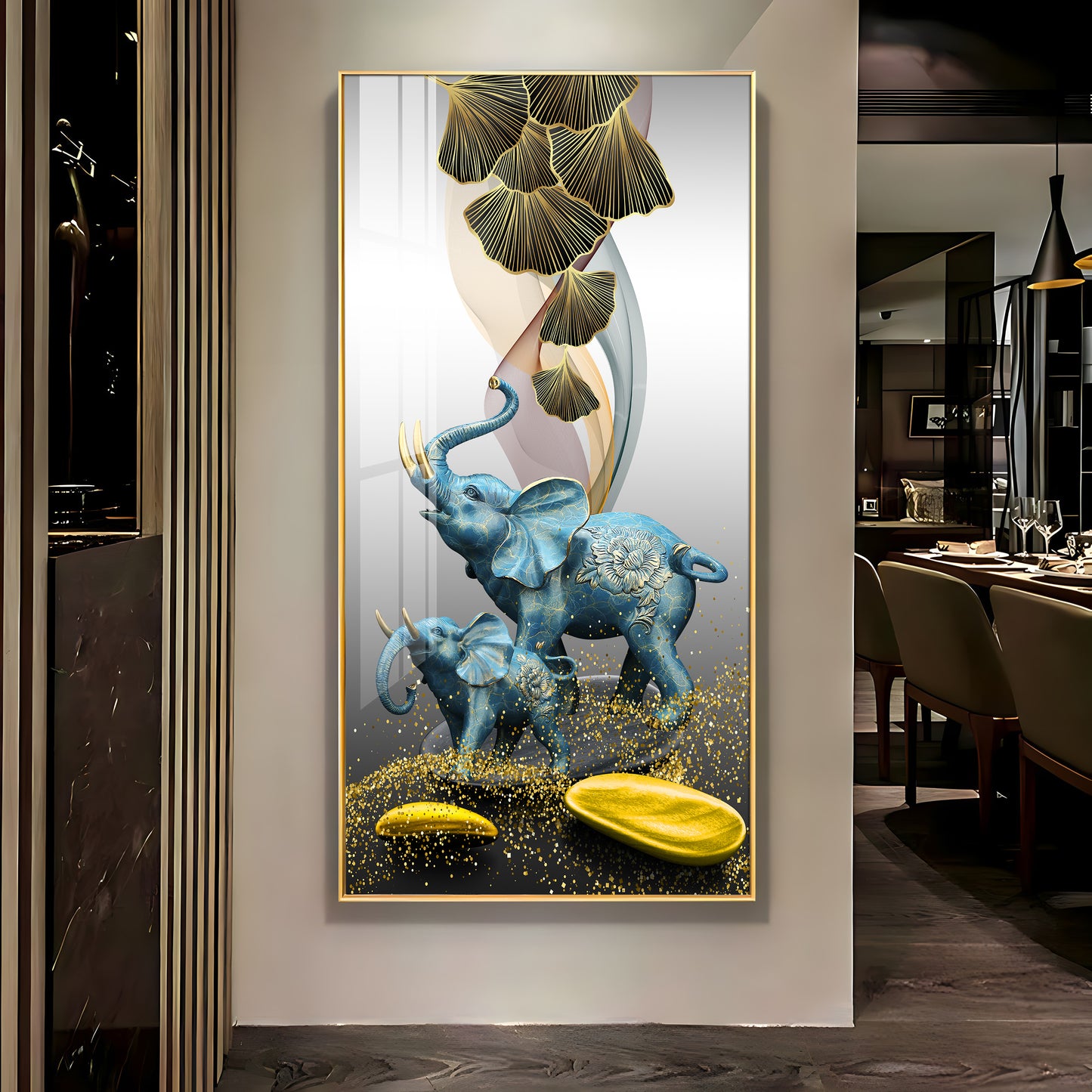 Blue Elephant With Golden Tusk Premium Acrylic Vertical Wall Art