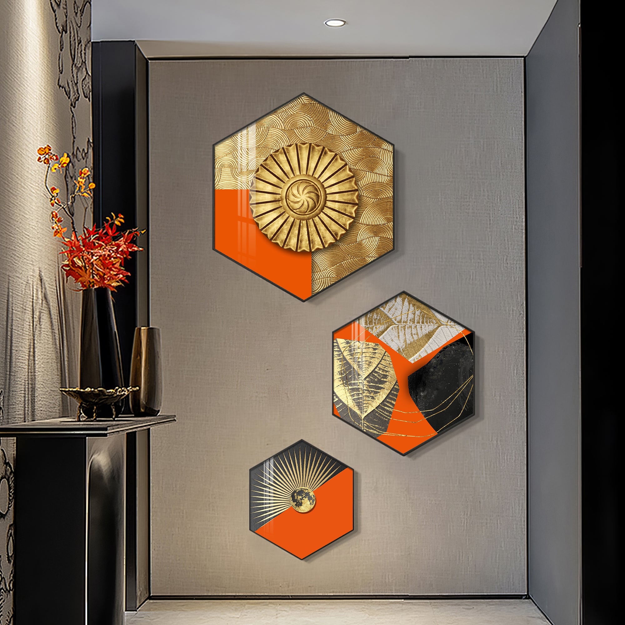 Gold & Orange Accents Premium Acrylic Hexagon Wall Art (Set of 3)