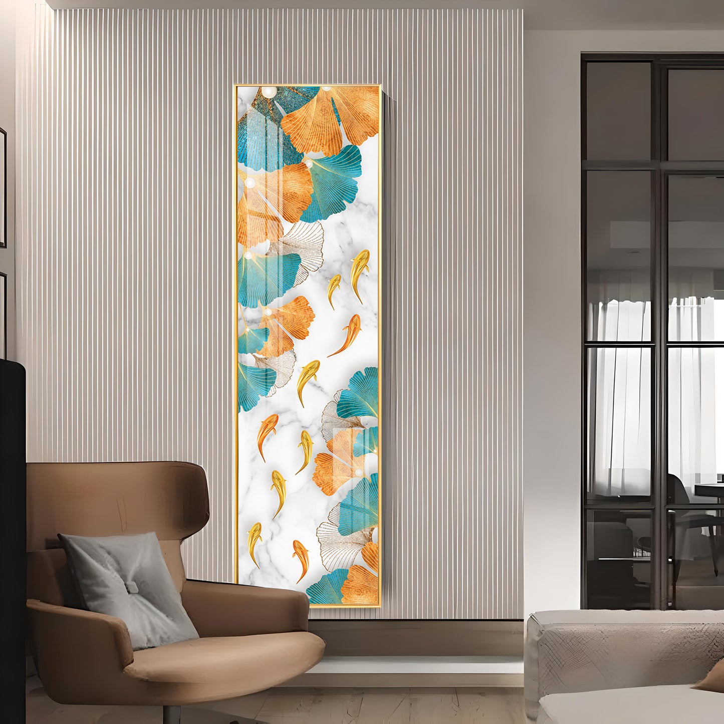 Blue & Gold Ginkgo Leaves Premium Acrylic Vertical Wall Art
