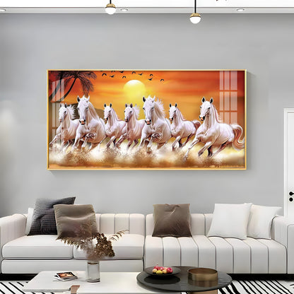 7 White Running Horses in The Sea With Sunrise Premium Acrylic Horizontal Wall Art