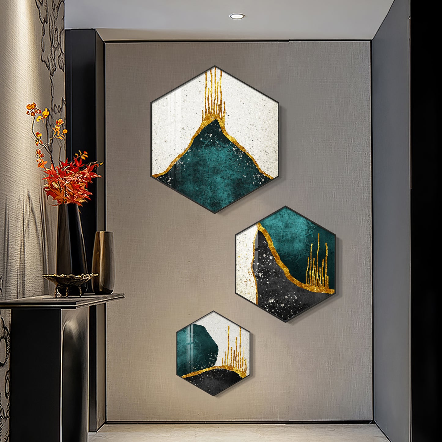 3D Metallic Abstract Premium Acrylic Hexagon Wall Art (Set of 3)