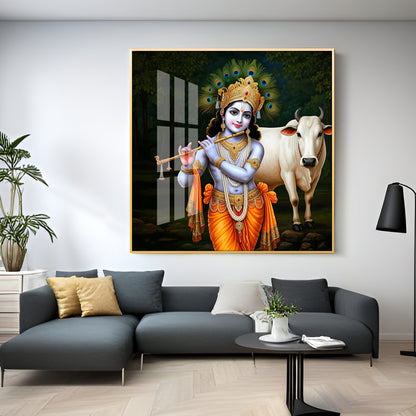 Krishna With The Cow Premium Acrylic Square Wall Art