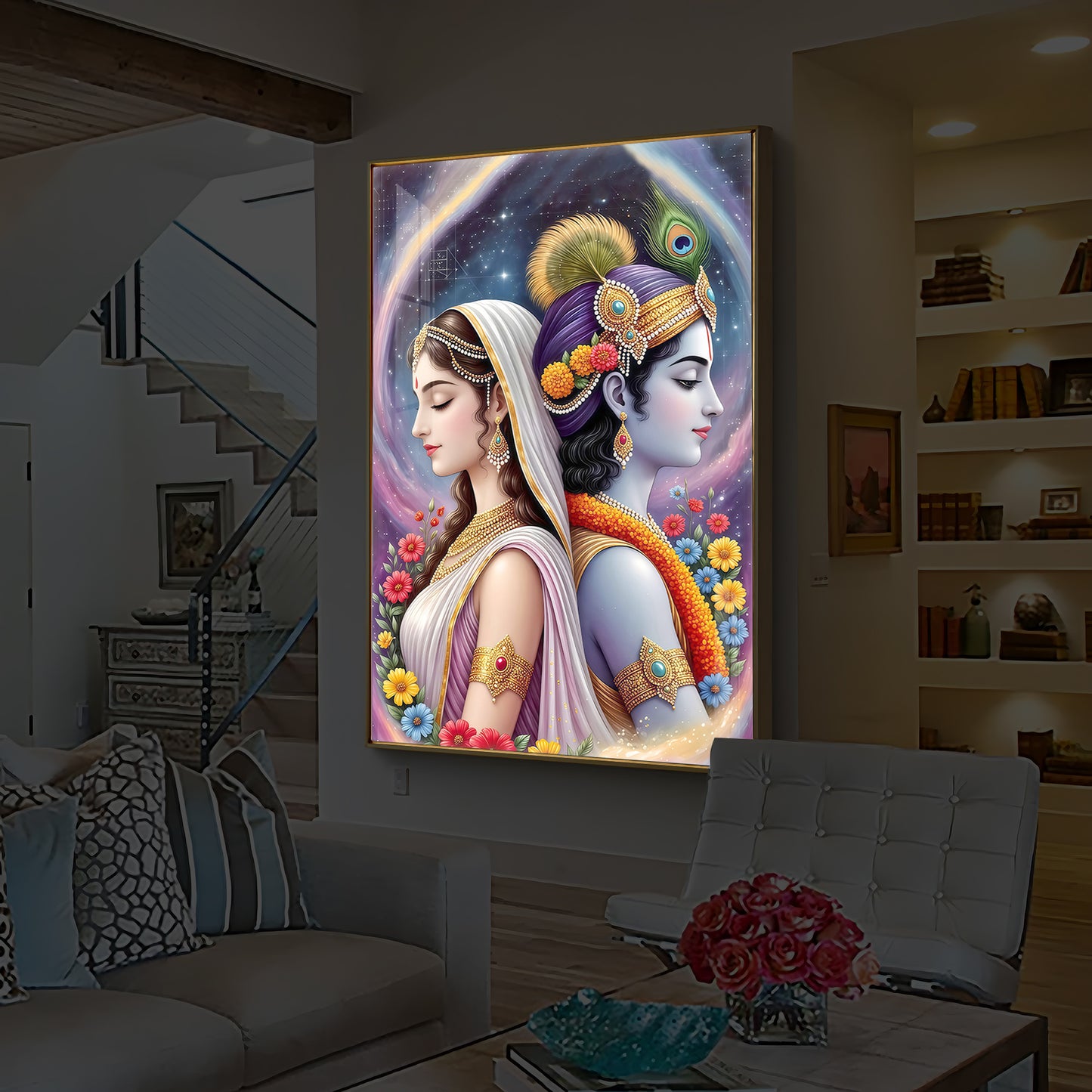 Lord Sri Radhe Krishna Modern Luxury Backlight Vertical Wall Art