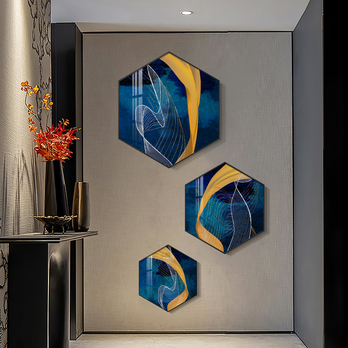 Asatic Wave Premium Acrylic Hexagon Wall Art (Set of 3)