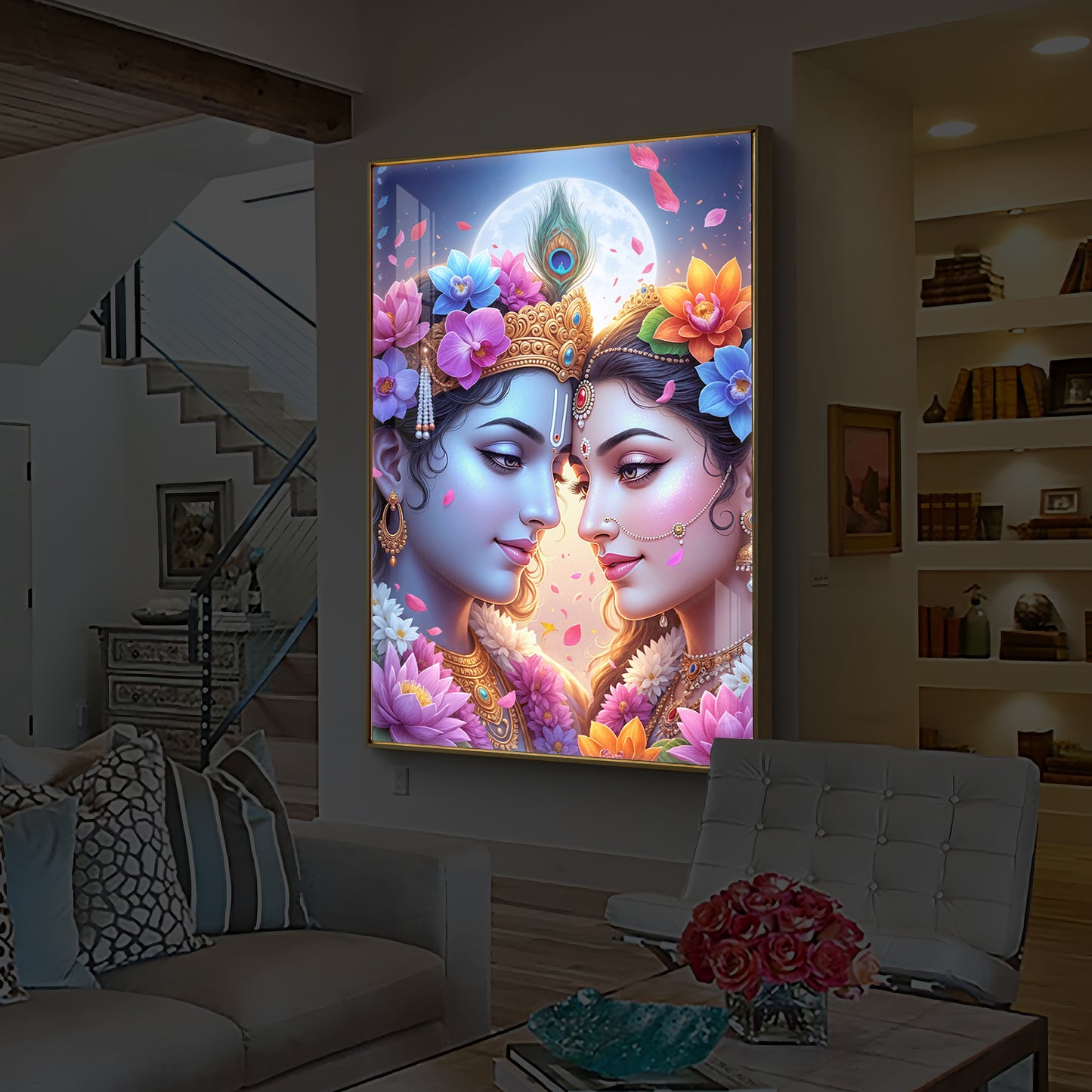 Loving Shri Radha Krishna Modern Luxury Backlight Vertical Wall Art