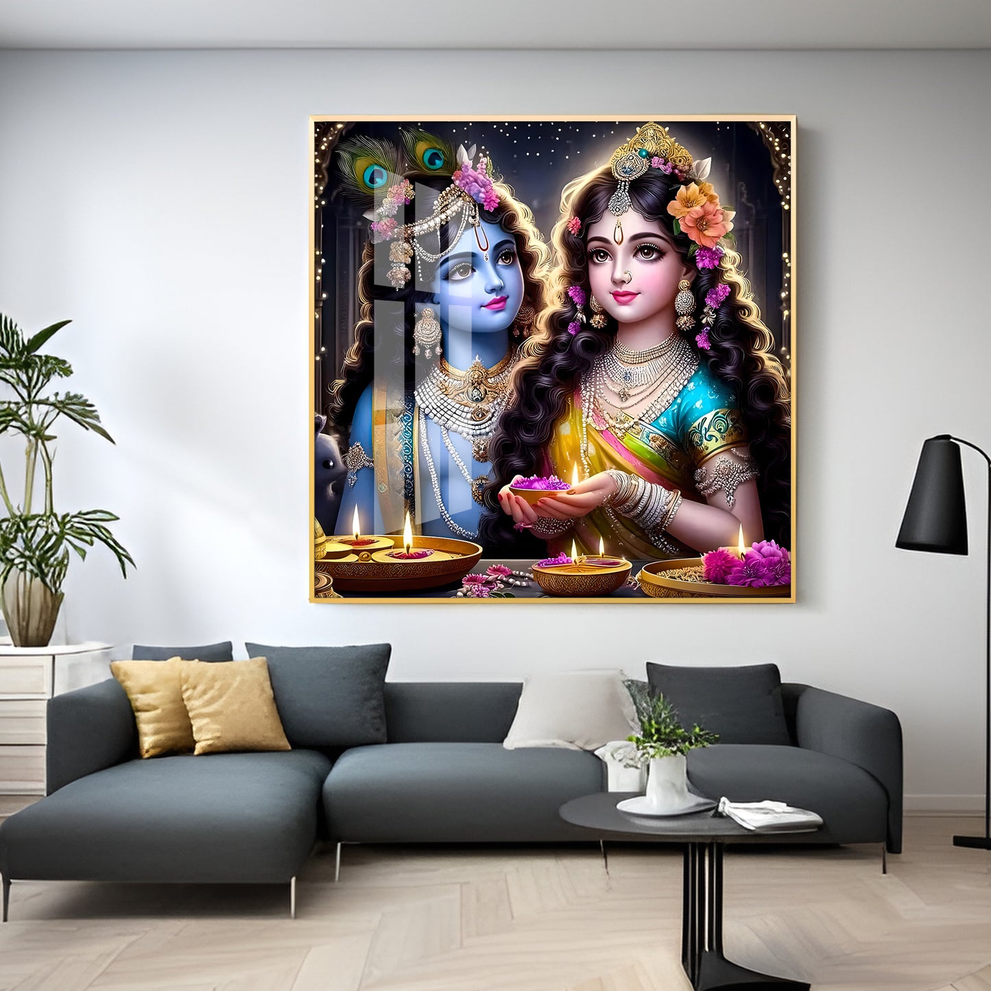 Glowing Krishna Radha Premium Acrylic Square Wall Art