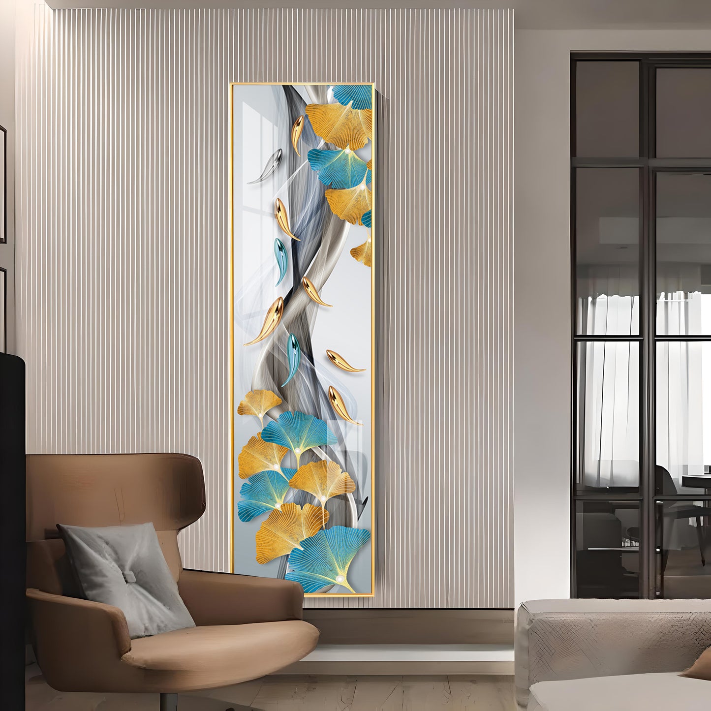 Blue & Golden Leaves With Fishes Premium Acrylic Vertical Wall Art