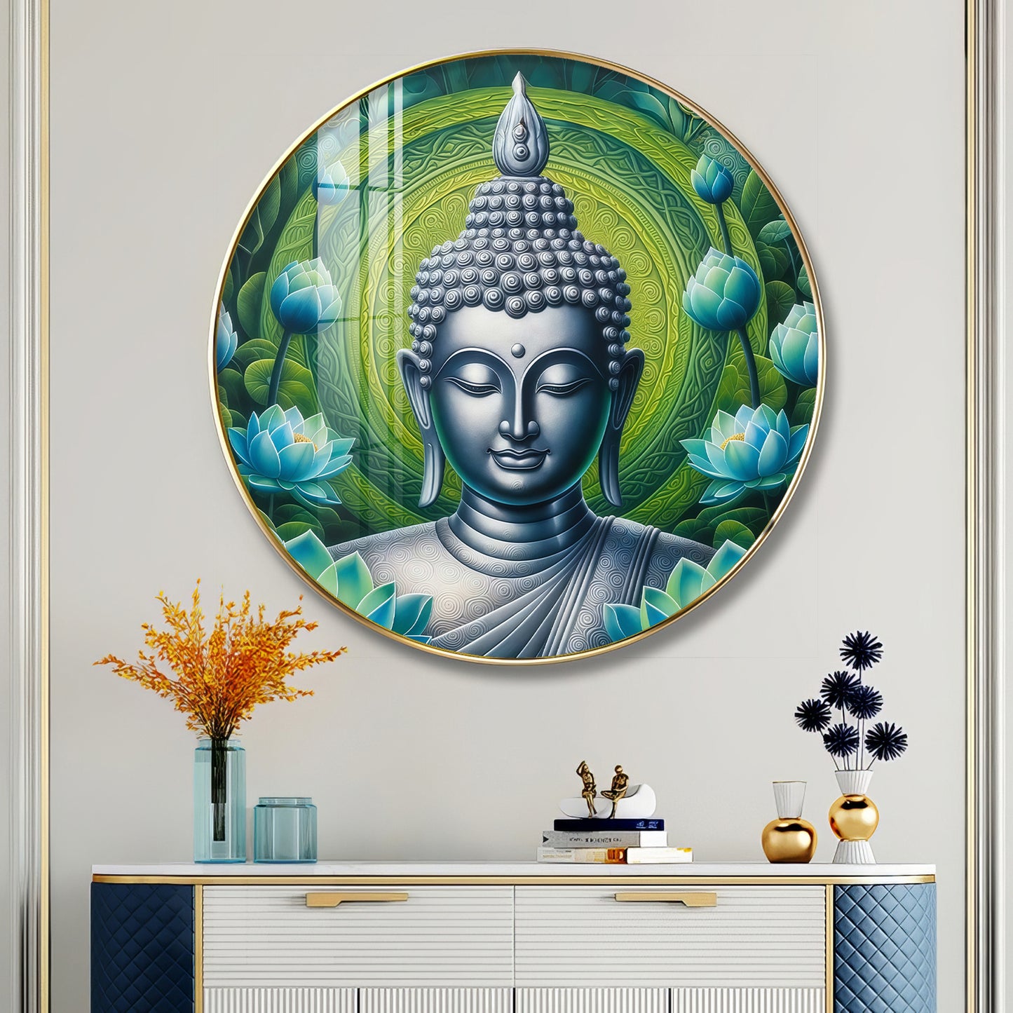 Sacred Buddha In Silver Premium Acrylic Round Wall Art