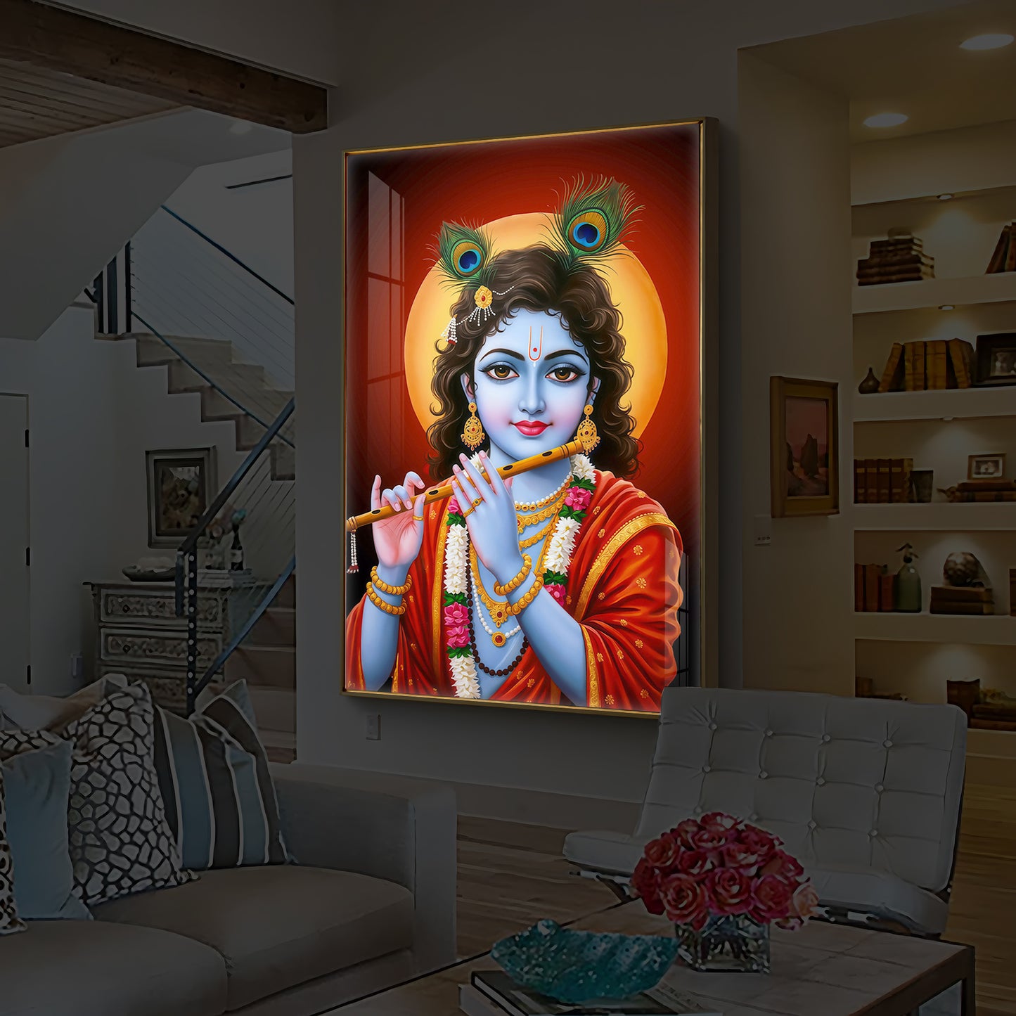 Lord Shree Krishna Ji Modern Luxury Backlight Vertical Wall Art