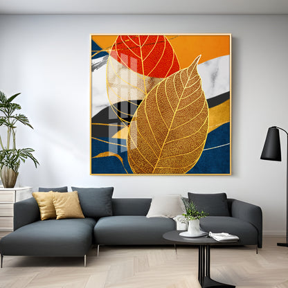 Yellow Tree Leaves Feathers Premium Acrylic Square Wall Art