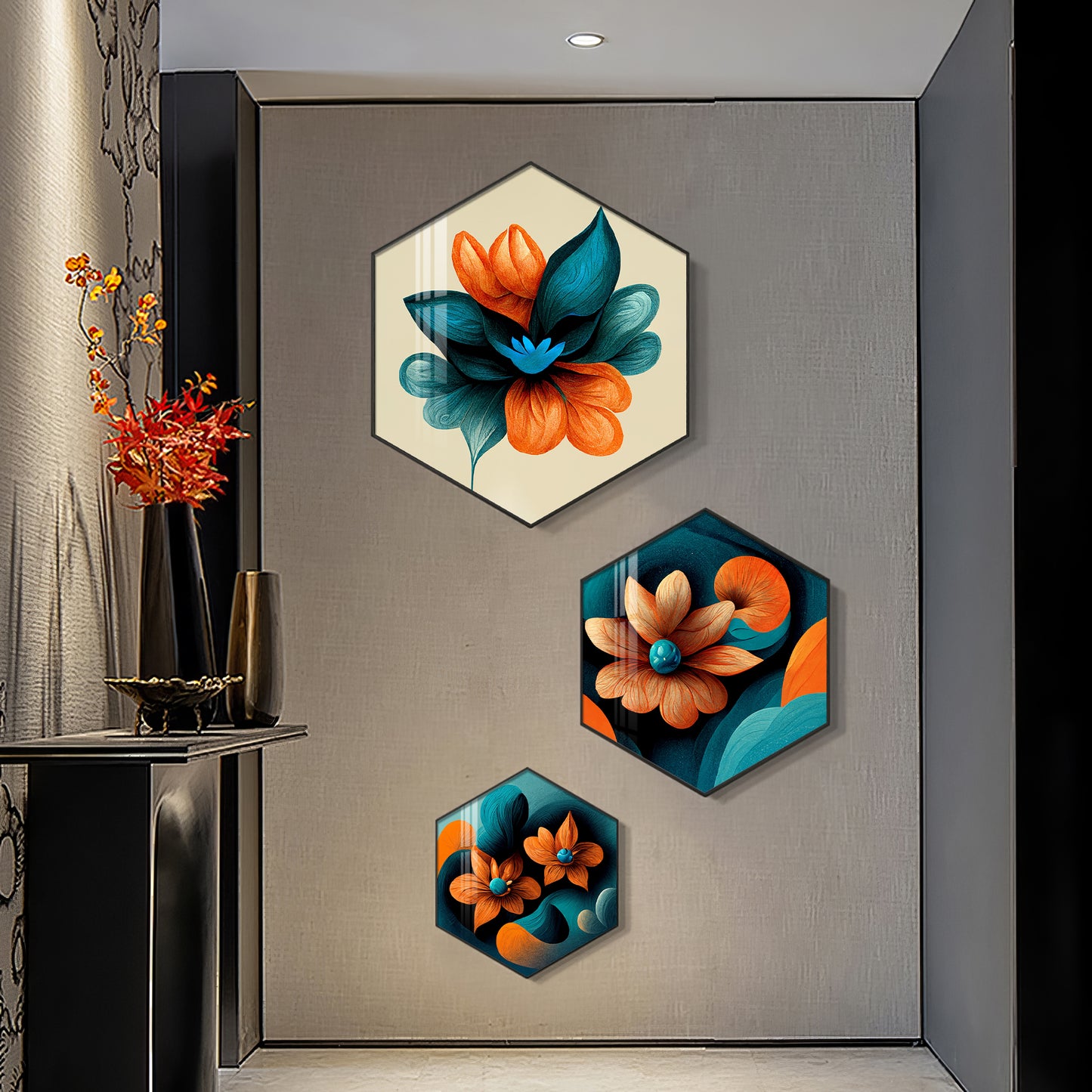 Colorful Flower Premium Acrylic Hexagon Wall Art (Set of 3)
