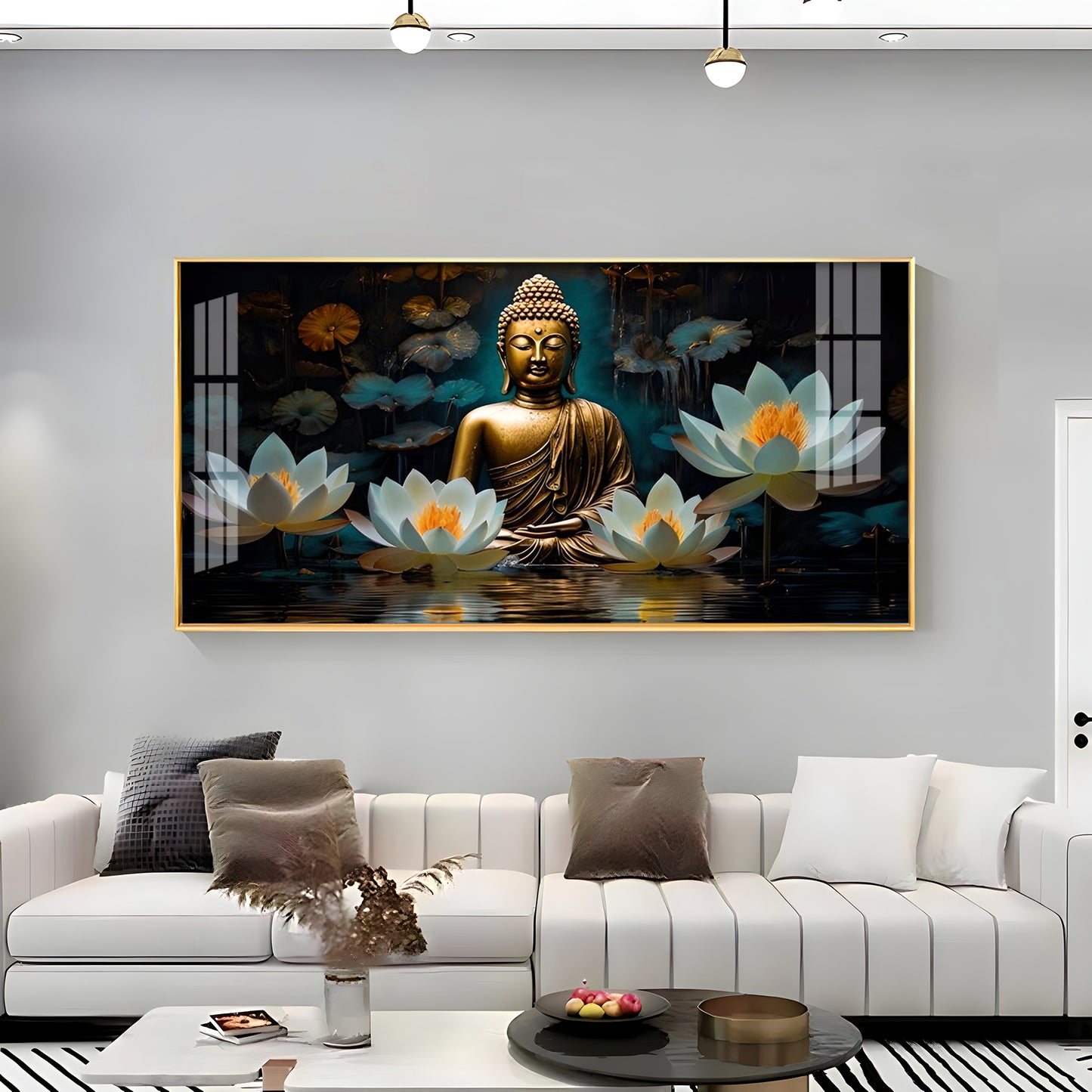 Buddha With White Lotus Premium Acrylic Horizontal Wall Art